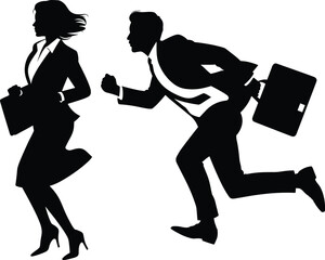 Silhouetted businesswoman and businessman running with briefcases symbolizing urgency, competition, career rush, ambition, fast-paced corporate environment