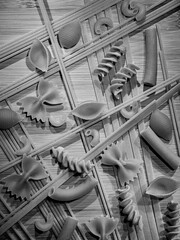  Flatlay of dried pasta in monochrome.