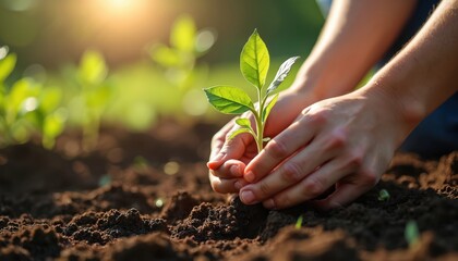 Hands carefully plant small green seedling in rich soil during sunny day outdoors. Sunlight illuminates new life in garden bed. Person cultivates eco-friendly growth, caring for nature, environment,