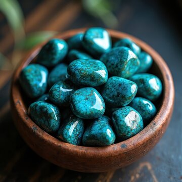 Close up of tumbled chrysocolla stones in a wooden bowl. Bright blue green mineral gems with natural matrix patterns. These stones are often used for jewelry making and holistic healing practices.