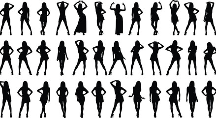 Silhouetted women posing in various stylish standing positions representing fashion, confidence, elegance, movement, feminine expression, lifestyle concept