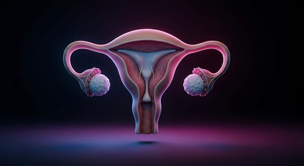 Stunning 3D rendering of the female reproductive system highlighting uterus and ovaries with dramatic studio lighting