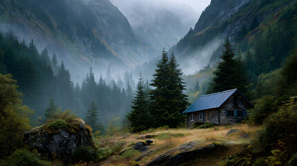 Morning mist drifting over secluded valley with lone cabin below 