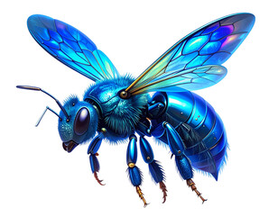 Obraz premium Futuristic Metallic Blue Bee in Hovering Flight – Iridescent Wings, Transparent Background 