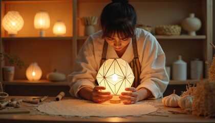 Young asian woman crafts traditional paper lantern in cozy workshop. Female artisan assembles handmade glowing lamp. Works on diy home decor project preserving ancient cultural craft, traditional