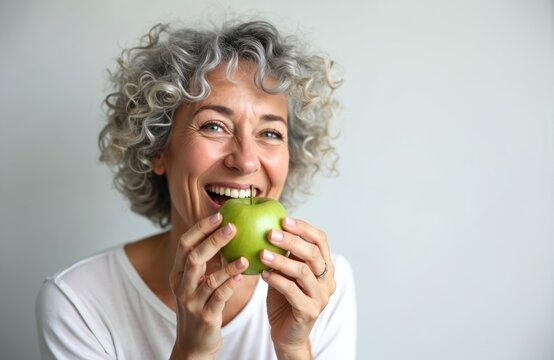Mature woman happily bites green apple with a big smile. She looks joyful and healthy. This person enjoys fresh fruit for good nourishment and lifestyle.