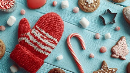 Festive Christmas baking scene with gingerbread cookies, candy cane, and cozy mitten on blue wood, perfect for holiday ads and greetings