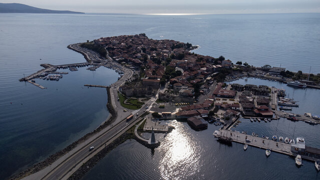 Aerial view to Nessebar city Sea town of Bulgarian Black Sea coast