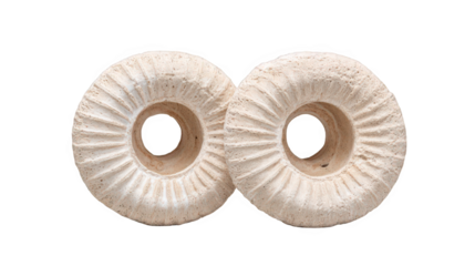 Two ancient stone or ceramic donut-shaped objects with ridged exteriors on transparent background