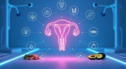 Vibrant neon outline of female reproductive system linked to healthy foods for wellness and fertility optimization