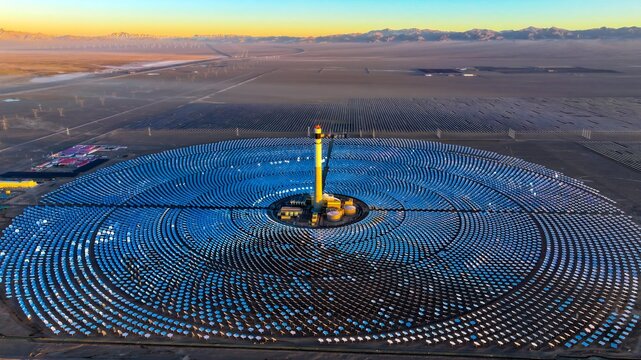 Gansu Solar Thermal Power Station Aerial Panorama at Sunrise