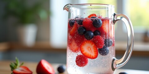 Close-up of clear glass pitcher with mixed berry infused sparkling water and visible macro bubbles