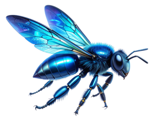  Futuristic Metallic Blue Bee in Hovering Flight – Iridescent Wings, Transparent Background