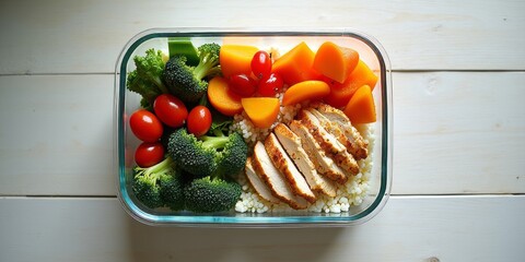 Top view of healthy high-protein meal prep container with grilled chicken, cauliflower rice, and colorful roasted vegetables on wooden table