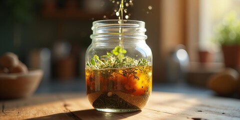 Winter herbal fire cider in glass jar with honey and roots on rustic wooden surface