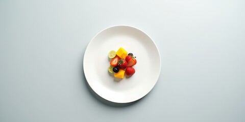 Minimalist clean plate flat lay with vibrant fresh fruit salad on white plate