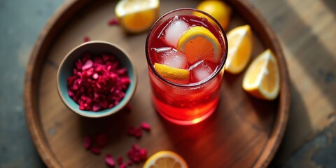 Top-down view of rustic wooden tray with iced hibiscus tea and citrus garnish on a sunny summer day