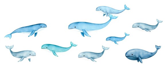 A whimsical set of watercolor whales in various shades of blue and grey, some leaping, others swimming peacefully,  graphic design,  watercolor texture