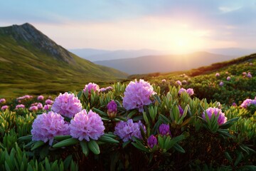 Obraz premium Sunlit mountain landscape with blooming wildflowers at dawn