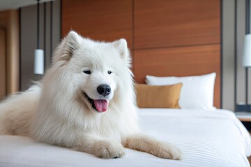 Fluffy samoyed dog relaxing comfortably on bed in modern hotel room