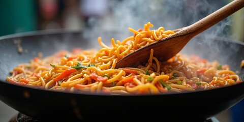 Extreme close-up of colorful Thai street-food noodles tossing in a hot wok with vibrant vegetables and steam