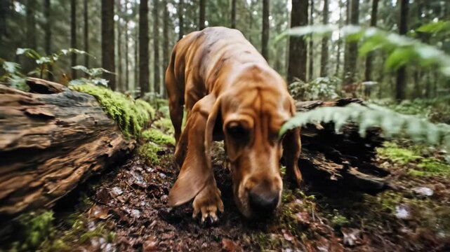 A basset hound hunting dog sniffs the forest floor, tracking scents in lush, green woodland, a nature exploration video.
