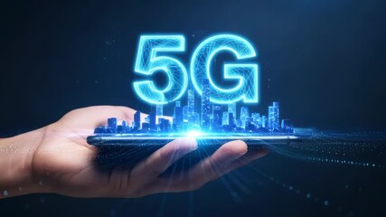 Man holding phone with 5g network and smart city hologram for high speed communication technology and future connectivity concept - Powered by Adobe