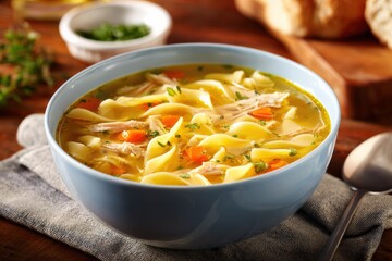 Hearty chicken noodle soup with vegetables in a blue bowl on a table setting
