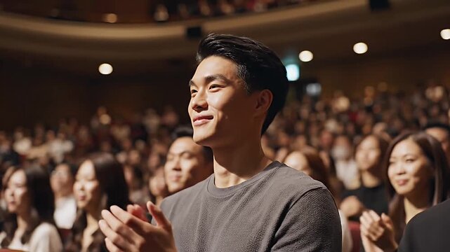 Joyful young Asian man smiling and enthusiastically clapping in a diverse theater audience appreciating a live performance or event in a well-lit hall