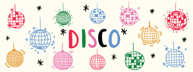 Disco ball doodle icon with flowing lines. Hand drawn party illustration featuring mirror globe sketch. Perfect for nightclub designs, dance events, and retro celebration graphics.