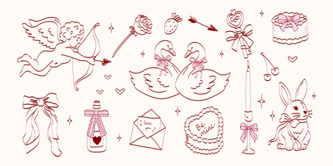 Hand drawn coquette wedding elements. Vintage cute symbols with ribbon and bow in simple crayon sketch style. Trendy art for Valentine day and bachelorette invitations. Doodle vector illustration