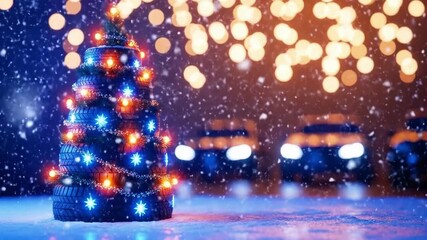 Stacked car tires forming a creative Christmas tree decorated with lights. Winter season auto service and holiday greeting concept for mechanic.