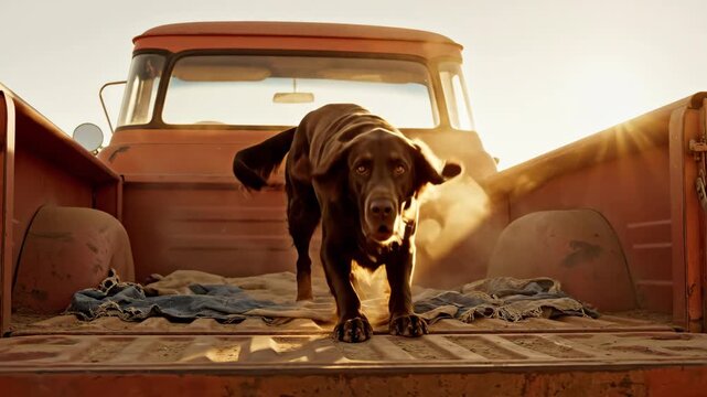 Energetic retriever dog playing in the back of an old orange pickup truck with sunset light and dusty air, pet animal footage.
