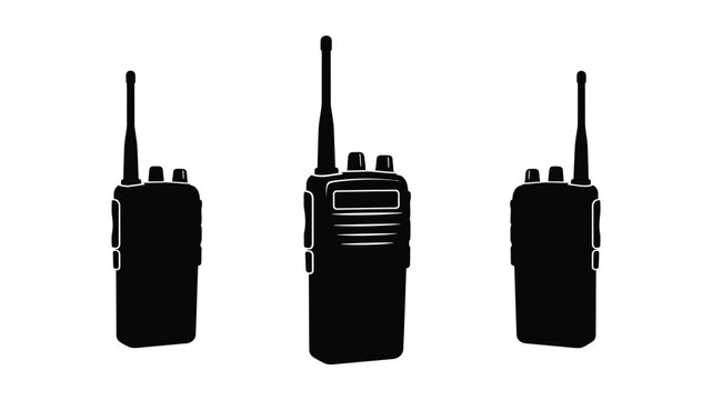 Three black walkie talkies displayed against a plain white background