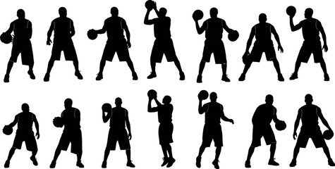 Basketball player silhouettes in dynamic poses holding ball, dribbling, shooting, isolated black vector set for sports design and education