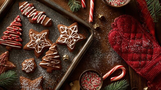 Delightful holiday baking scene featuring festive gingerbread cookies, candy canes, and a cozy oven mitt for warm Christmas memories - Powered by Adobe