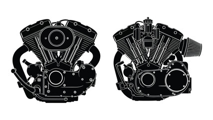 Detailed black and white illustrations of two v twin motorcycle engines © Hasina