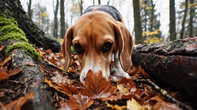 Beagle dog tracking scent on forest floor, hunting breed sniffs autumn leaves and moss-covered roots in natural environment footage.