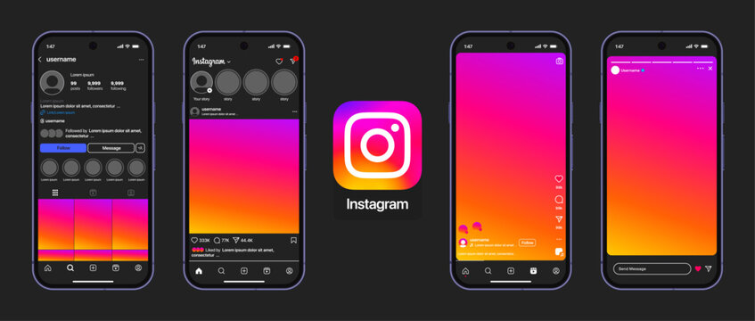 Instagram dark mode profile, Instagram feed, and Instagram stories mockup template featuring mobile UI frames, reels layout, and editable social media template design for modern content previews