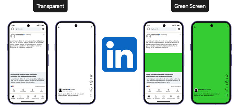 LinkedIn feed mockup template featuring LinkedIn transparent screen, LinkedIn green screen layout, mobile UI frames for posts, reactions, and social networking previews with editable template design