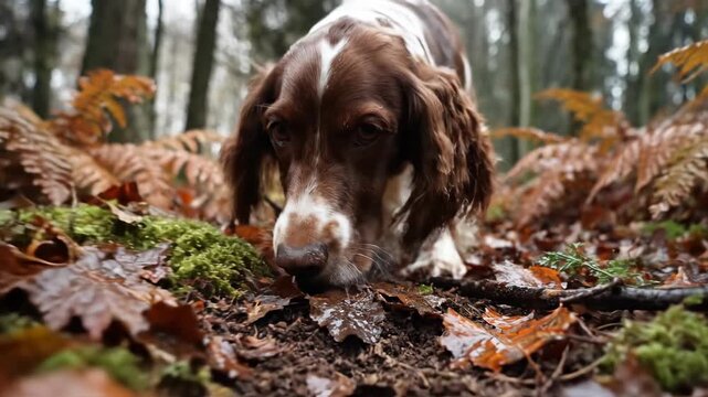A hunting dog, a springer spaniel, sniffing and tracking in a forest among autumn leaves and moss, footage