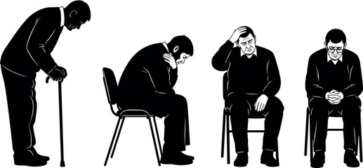 Elderly men in emotional distress and contemplation, seated and standing postures expressing sadness, aging, hardship, introspection, and mental struggle.