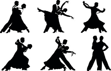Elegant ballroom dancing couples in silhouette performing classic poses, twirls, dips, and graceful movements in formal attire for vector art.