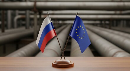 Diplomatic talks on vital energy supply between Russia and European Union symbolized by crossed flags over pipelines