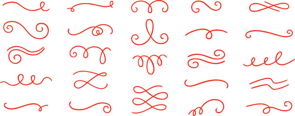 Elegant red hand-drawn swirl dividers create a decorative flourish design set. Curly ornamental lines add vintage charm to invitations, branding, and graphic layouts. Stylish vector embellishments per