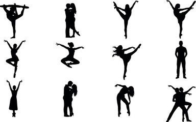 Romantic couple dance silhouettes in elegant poses, expressive movements, passionate embrace, ballet and tango styles for artistic vector content