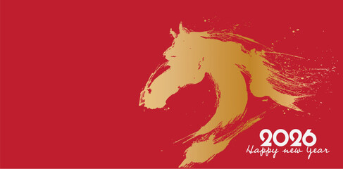 Golden horse illustration for 2026 chinese new year celebration on red background symbolizing strength and prosperity