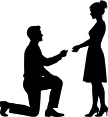 Romantic marriage proposal silhouette of man kneeling with ring to woman, love commitment moment, vector illustration for stock content