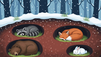 Cute animals sleeping in burrows under the ground in winter forest; bear; fox; raccoon; and rabbit hibernating; snow falling; nature illustration; wildlife.