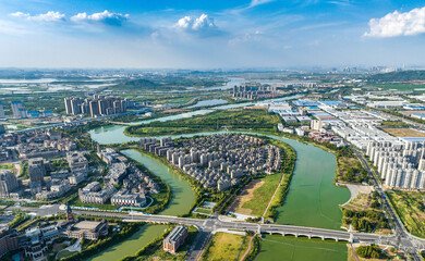 Wuhan Economic Development Zone Aerial Panorama with River © LeVan